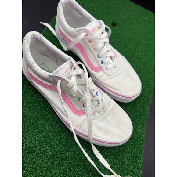 Vans Old Skool Sneakers Womens Size 5 White Pink Canvas Skateboarding Lace Up - Picture 1 of 9